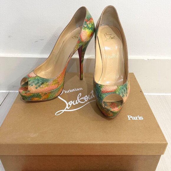 Auc Christian Louboutin Python Pixel Multicolor Troca 140 Peep Toe Pumps - Picture 11 of 14